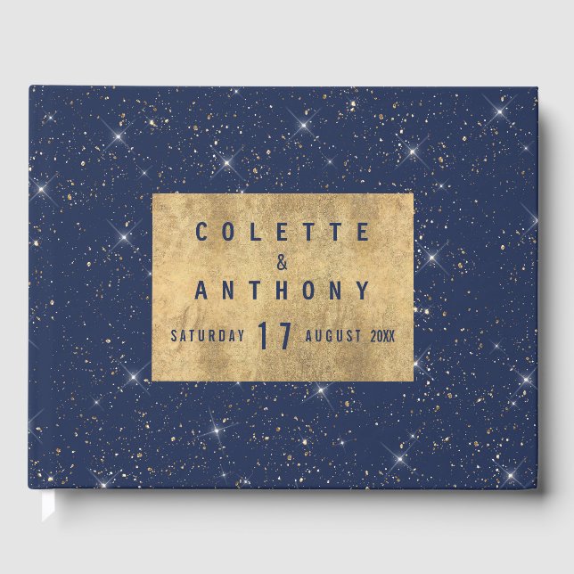 Luxury navy blue sparkle gold glitter pattern guest book (Front)