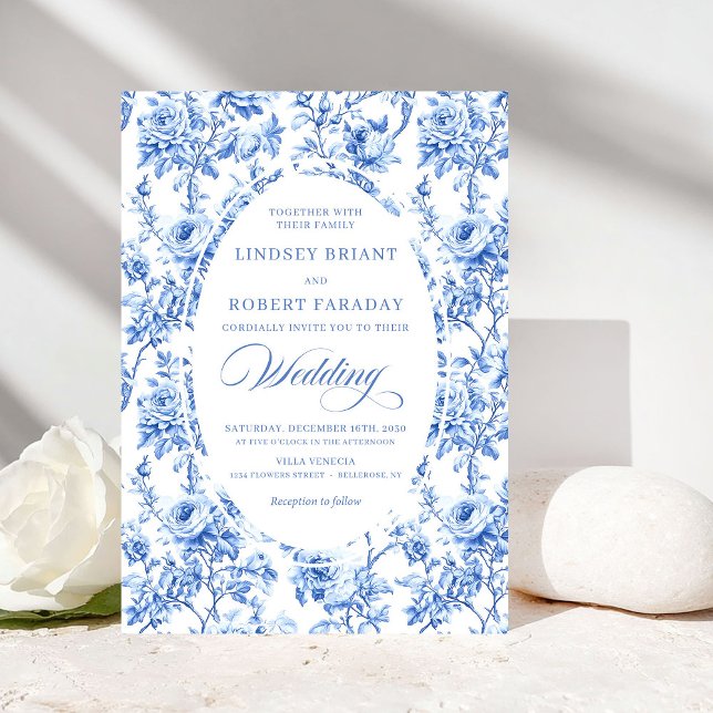Luxury Navy Blue Toile Rose Floral Wedding Invite (Luxury Navy Blue Toile Rose Floral Wedding Invitation)
