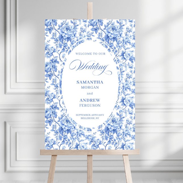 Luxury Navy Blue Toile Rose Wedding Welcome Sign (Luxury Navy Blue Toile Rose Wedding Welcome Sign)