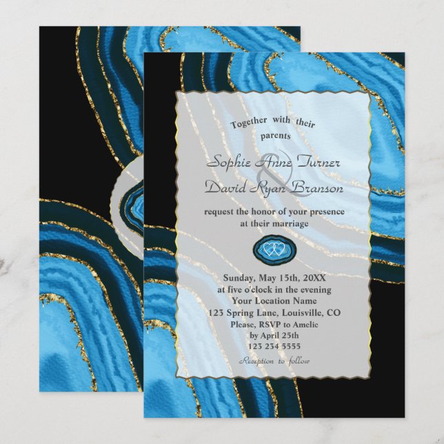 Luxury Navy Blue Watercolor Agates Pearls Wedding Invitation (Front/Back)