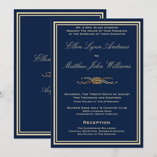 Luxury Navy Blue - Wedding Invitation - Gold Trim (Front/Back)
