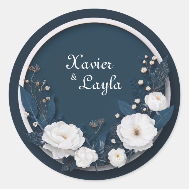 Luxury Navy Blue White Floral Gold Wedding Classic Round Sticker (Front)