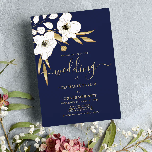 Luxury navy blue white gold floral wedding invitation | Zazzle