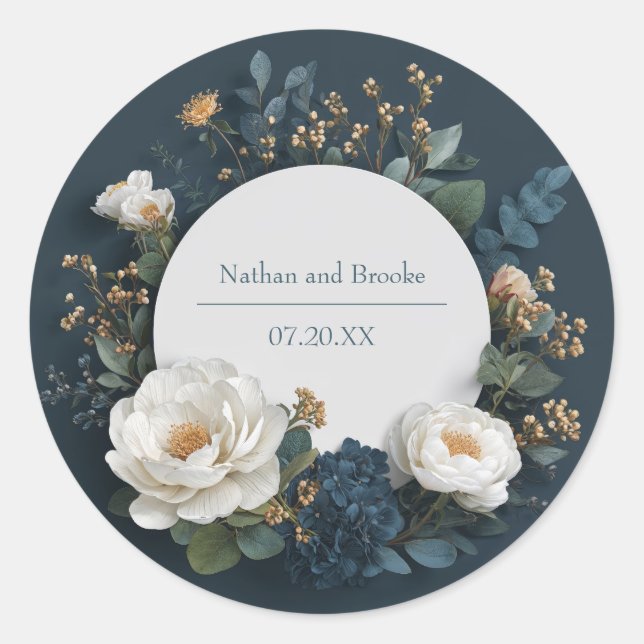 Luxury Navy Blue White Peony Dimensional Wedding Classic Round Sticker (Front)