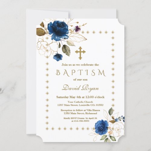 Luxury Navy Floral Gold Glitter Sparkles Baptism Invitation