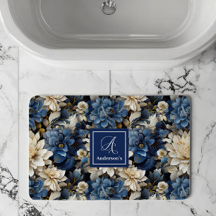 Luxury Navy Flowers Custom Name Floral Bath Mat