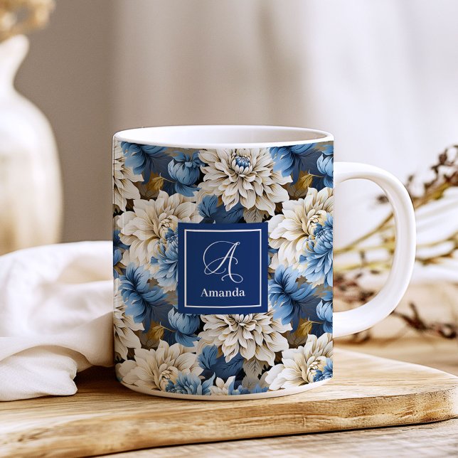 Luxury Navy Flowers Custom Name Floral Coffee Mug (Luxury Navy Flowers Custom Name Floral Coffee Mug)