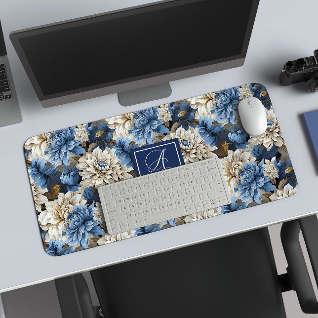 Luxury Navy Flowers Custom Name Floral Desk Mat (Luxury Navy Flowers Custom Name Floral Desk Mat)