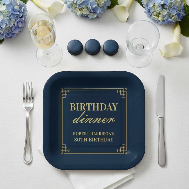 Luxury Navy & Gold 80th Birthday Party Paper Plates (Creator Uploaded)