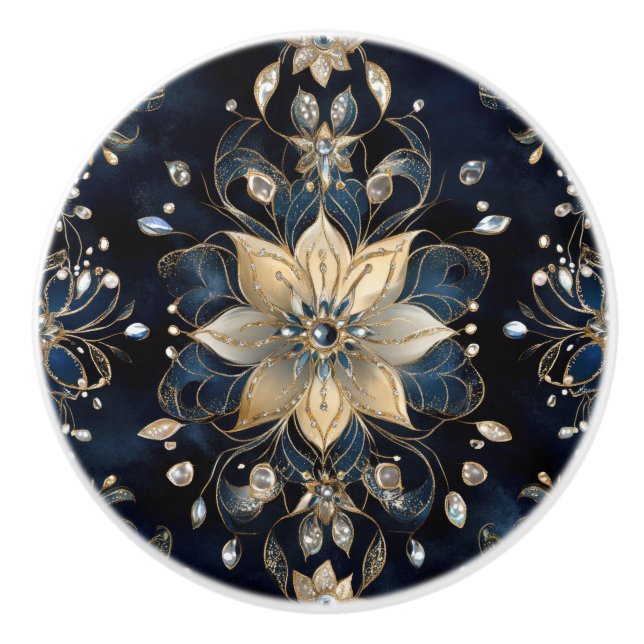 Luxury Navy Gold Floral Ceramic Knob (Front)
