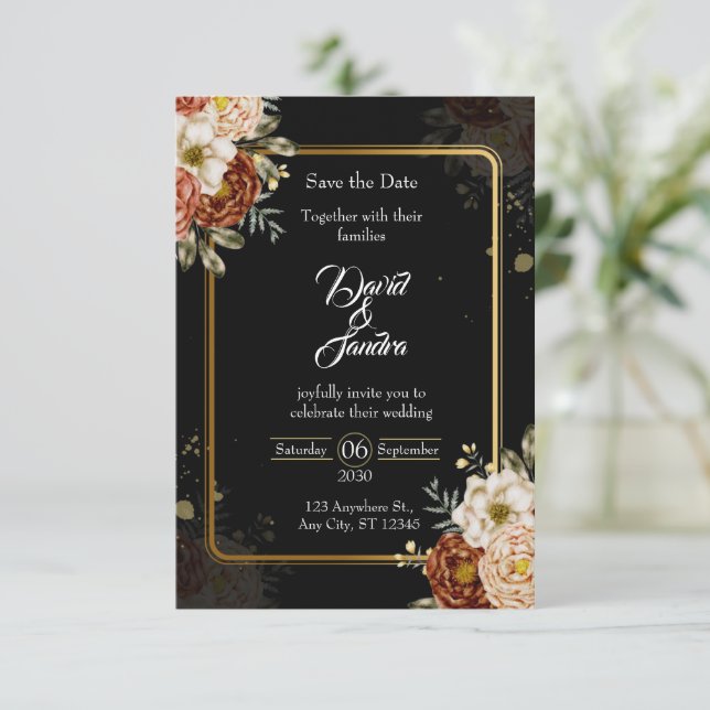 Luxury Navy & Gold Floral Wedding Invitation (Standing Front)
