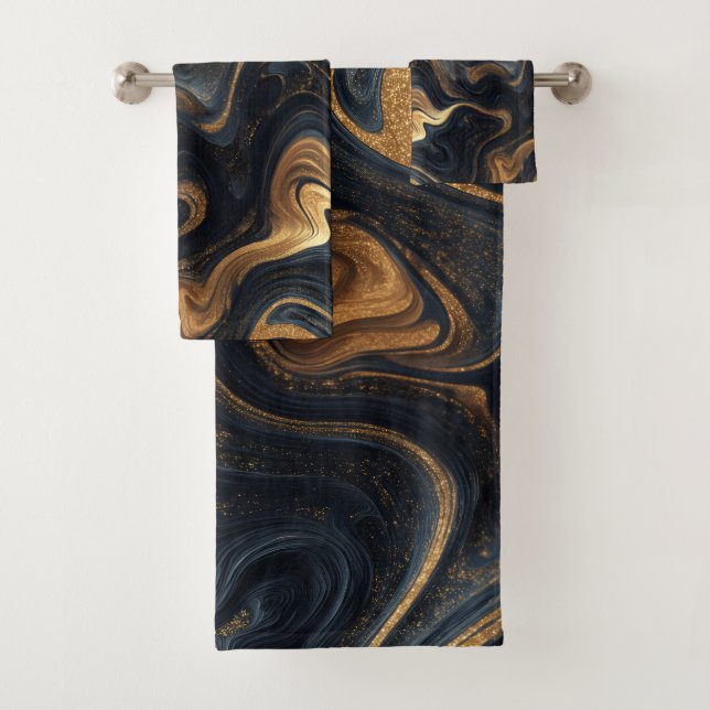 Luxury Navy Gold Fluid Motion Abstract Pattern Bath Towel Set (Insitu)