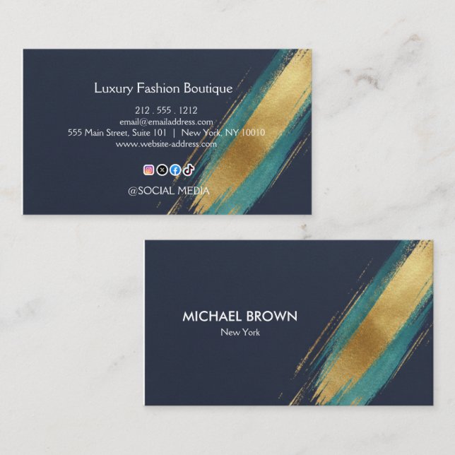Luxury Navy Gold Teal Watercolor Business Card (Front/Back)