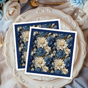Luxury Navy Ivory White Floral Dinner Napkins