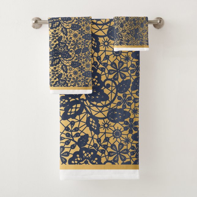 LUXURY NAVY LACE GOLD BATHROOM TOWEL SET 2 (Insitu)