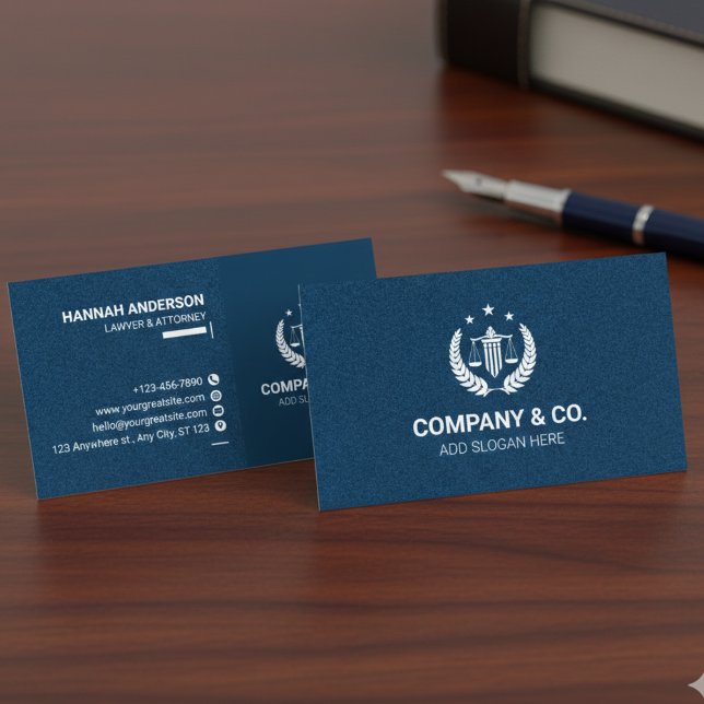 Luxury Navy Leather Look Attorney Business Card  (Luxury Navy Leather Look Attorney Business Card with Logo)
