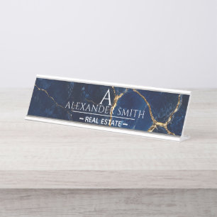 Luxury Navy Marble Gold Monogram Business Branding Desk Name Plate