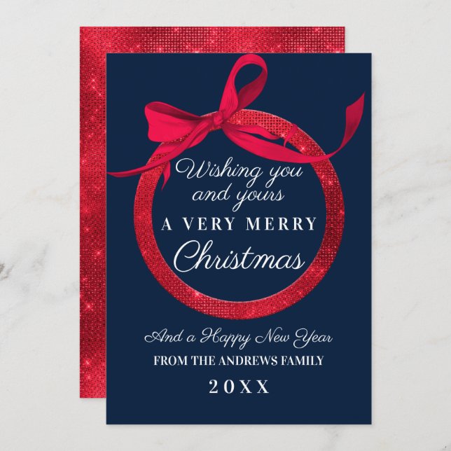 Luxury Navy Red Glitter Bow Ornament Christmas Holiday Card (Front/Back)