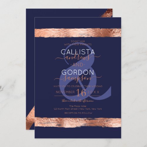 Luxury Navy Rose Gold Brushstroke Border Wedding Invitation