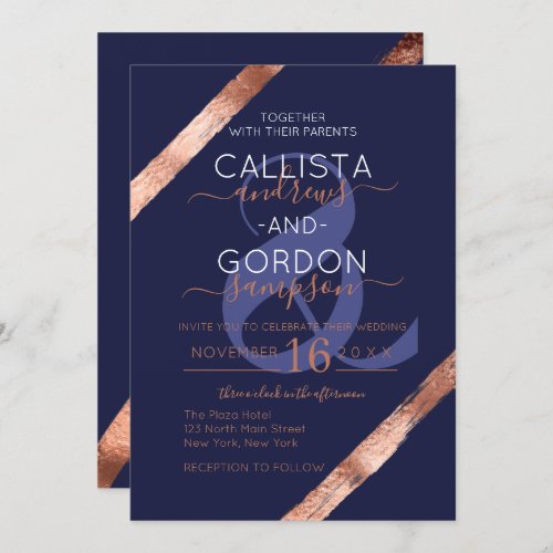 Luxury Navy Rose Gold Brushstroke Frame Wedding Invitation