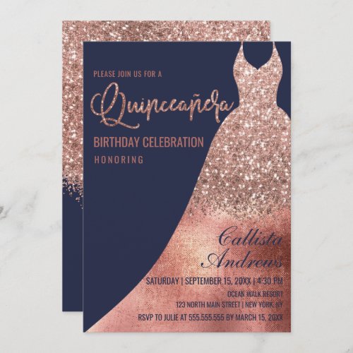 Luxury Navy Rose Gold Glitter Dress Quinceaera Invitation