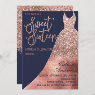 Luxury Navy Rose Gold Glitter Dress Sweet 16 Invitation