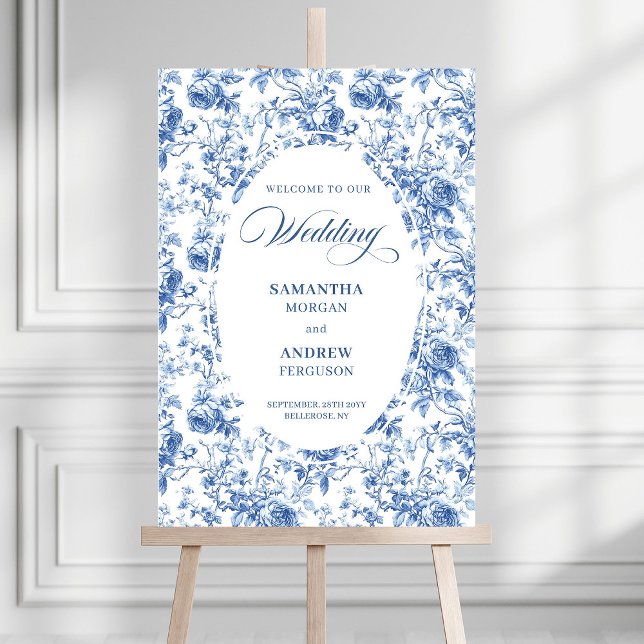 Luxury Navy Rose Toile de Jouy Wedding Welcome Sig Foam Board (Luxury Navy Rose Toile de Jouy Wedding Welcome Sign)