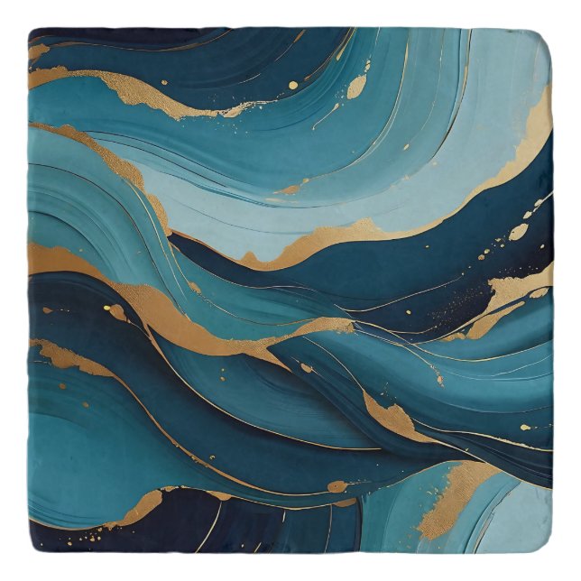 Luxury Navy Teal Gold Fluid Abstract Pattern Trivet (Front)