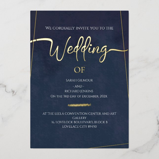 Luxury Navy Velvet  Gold Foil Calligraphy Wedding Foil Invitation (Front)