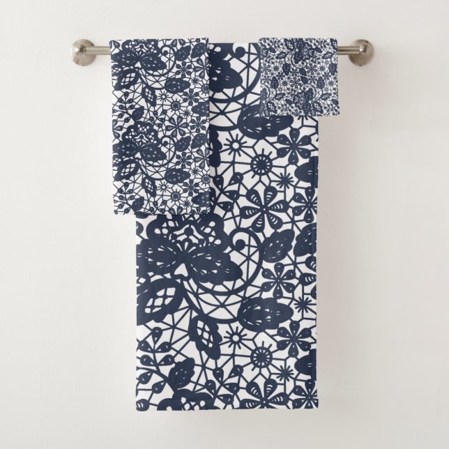 LUXURY NAVY WHITE LACE BATHROOM TOWEL SET (Insitu)