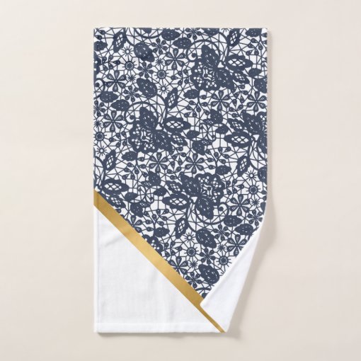 LUXURY NAVY WHITE LACE GOLD BATHROOM TOWEL SET | Zazzle