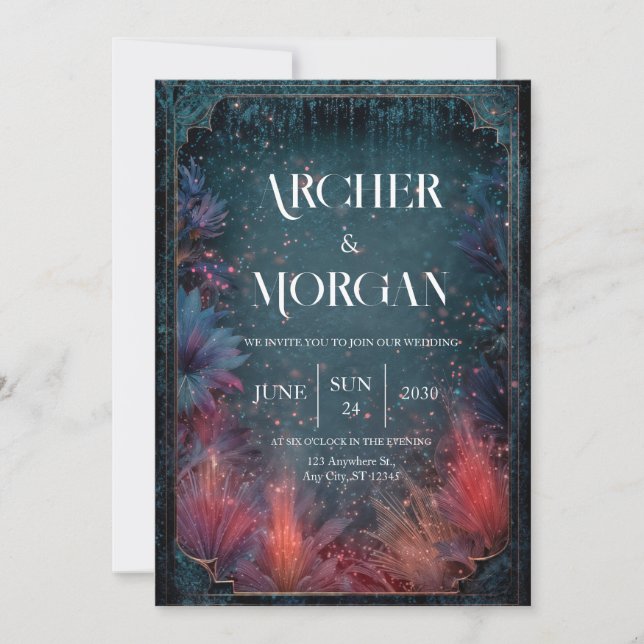 Luxury Nebula Teal Magenta Fire Floral Wedding Invitation (Front)