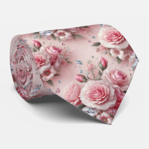 Luxury Neck Tie Pink Carnations & Diamonds