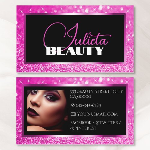Luxury Neon Pink Sparkle Glitter Photo Template  Business Card