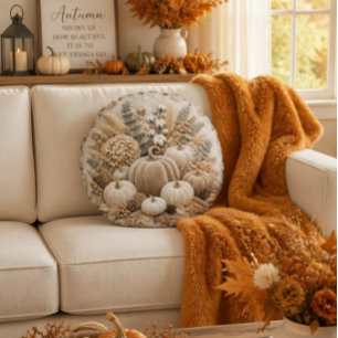 Luxury Neutral Fall Pumpkin Embroidery Round Pillow