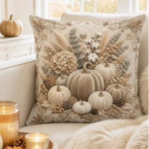 Luxury Neutral Fall Pumpkin Embroidery Throw Pillow