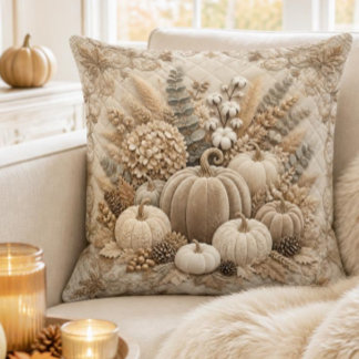 Luxury Neutral Fall Pumpkin Embroidery Throw Pillow