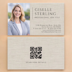 Luxury Neutral Linen Photo QR Code Business Card