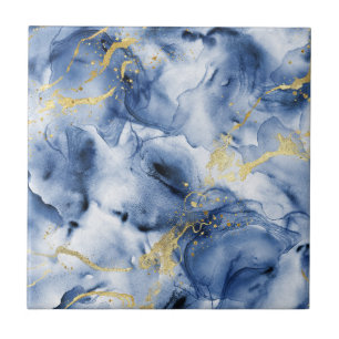 Luxury Ocean Blue and Gold Alcohol Ink Fluid Ceramic Tile