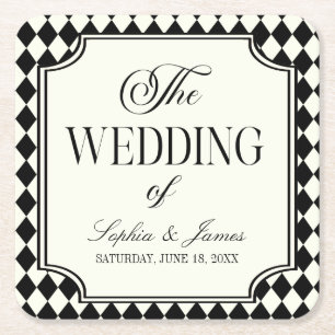 Luxury Old Money Black Ivory Vintage Wedding Square Paper Coaster