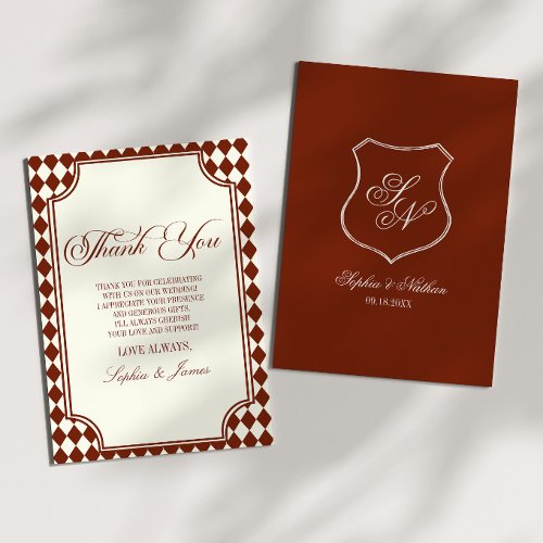 Luxury Old Money Burgundy Ivory Vintage Wedding Thank You Card