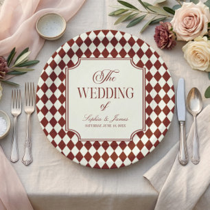 Luxury Old Money Burgundy Vintage Wedding Paper Plates