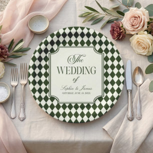 Luxury Old Money Olive Green Ivory Vintage Wedding Paper Plates