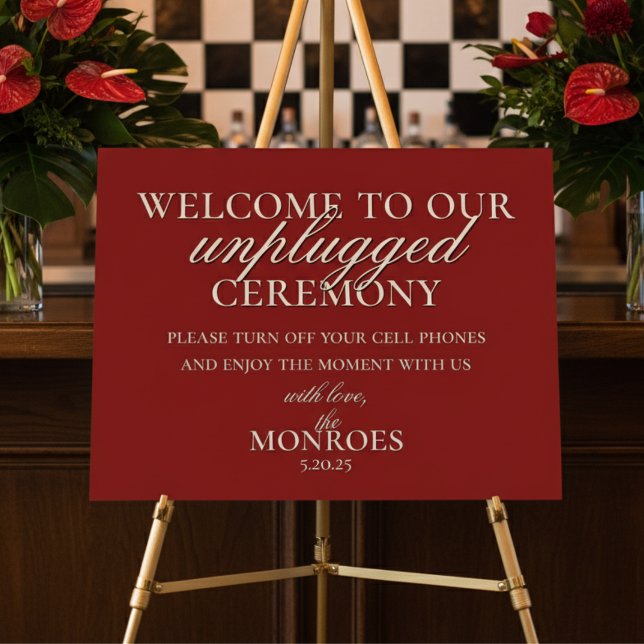 Luxury Old Money Red Unplugged Wedding Ceremony Foam Board (Set a graceful tone for your ceremony with this Old Money Bold Red Unplugged Ceremony Sign!)