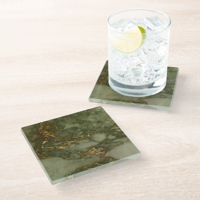 Luxury Olive Green and Gold Marble Glass Coaster (Angled)