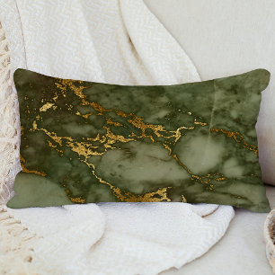 Luxury Olive Green and Gold Marble Lumbar Pillow