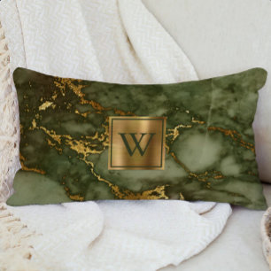 Luxury Olive Green and Gold Marble Monogram Lumbar Pillow