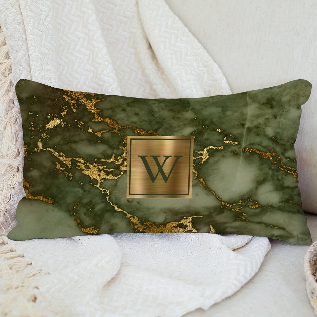 Luxury Olive Green and Gold Marble Monogram Lumbar Pillow (Creator Uploaded)