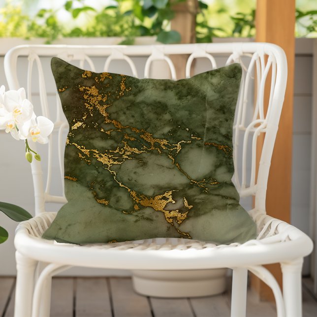 Luxury Olive Green and Gold Marble Outdoor Pillow (Creator Uploaded)