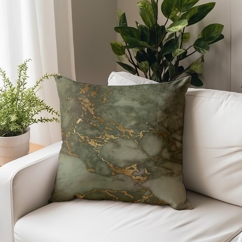 Luxury Olive Green and Gold Marble Throw Pillow